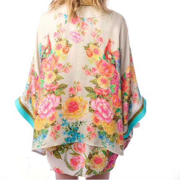 NWT ARATTA Earth Angels Short Kimono - Beige with Rose Peacock Print - One Size - Picture 2 of 2